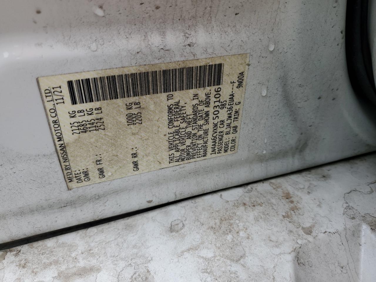 2022 Nissan Maxima Sv VIN: 1N4AA6CVXNC503106 Lot: 93309175