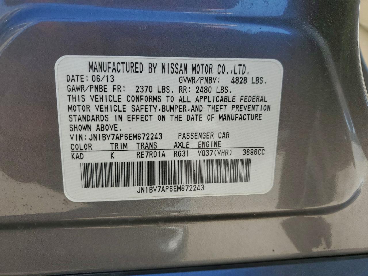 2014 Infiniti Q50 Base VIN: JN1BV7AP6EM672243 Lot: 91683815