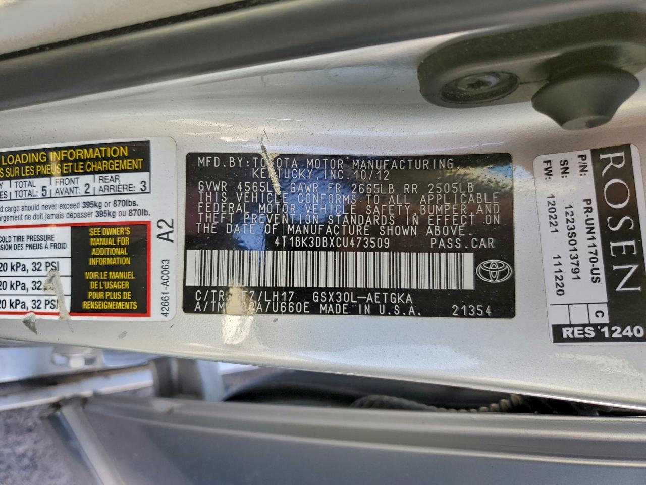 2012 Toyota Avalon Base VIN: 4T1BK3DBXCU473509 Lot: 94186275