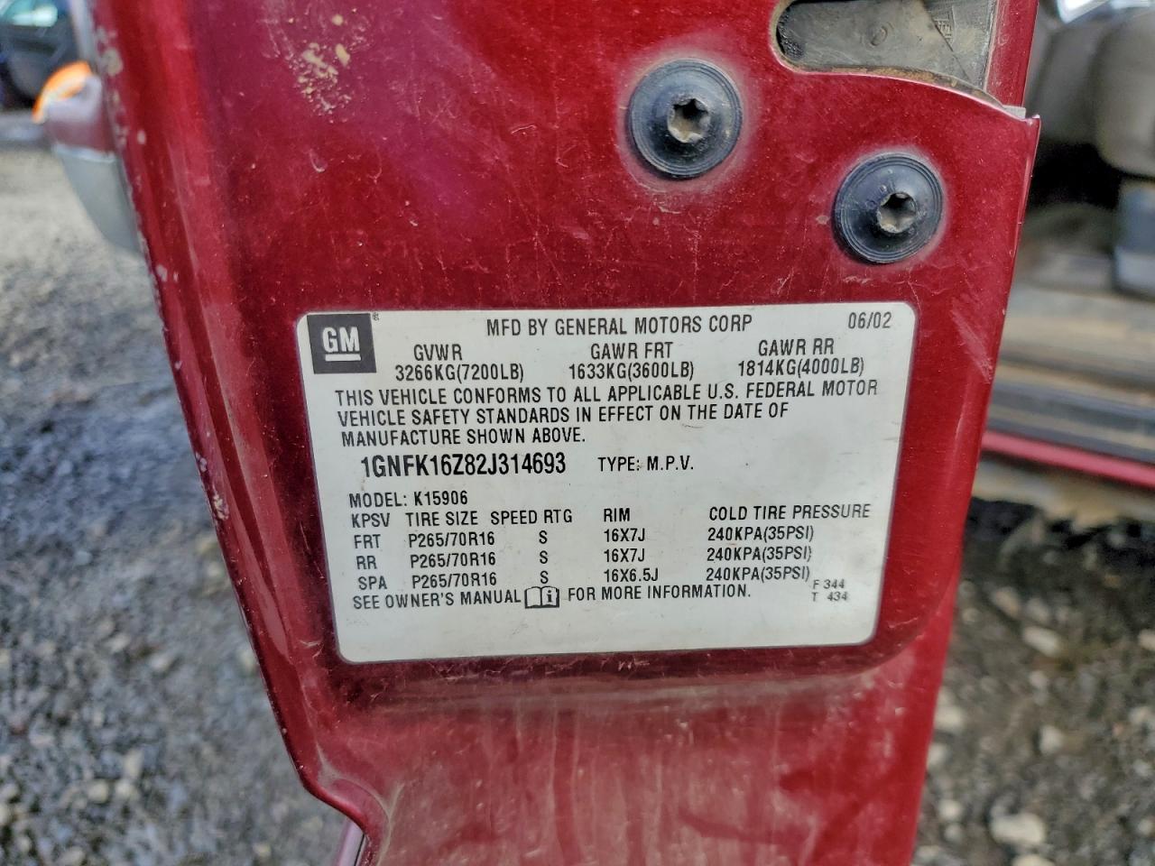 2002 Chevrolet Suburban K1500 VIN: 1GNFK16Z82J314693 Lot: 93381705