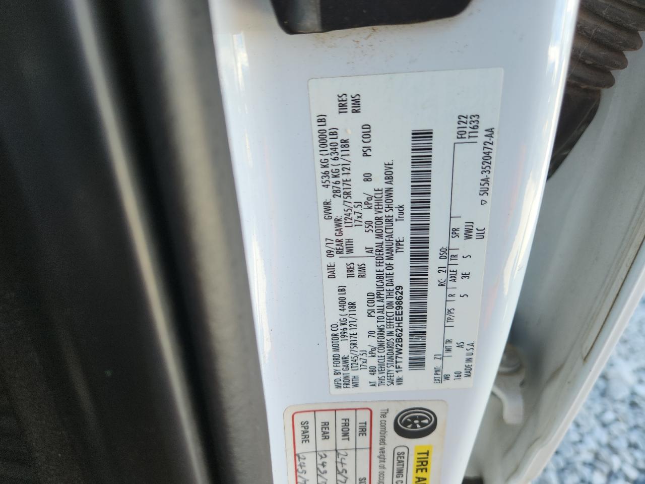 2017 Ford F250 Super Duty VIN: 1FT7W2B62HEE98629 Lot: 92817605