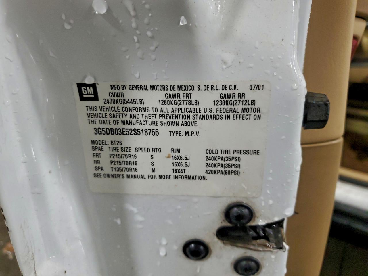 2002 Buick Rendezvous Cx VIN: 3G5DB03E52S518756 Lot: 93536405