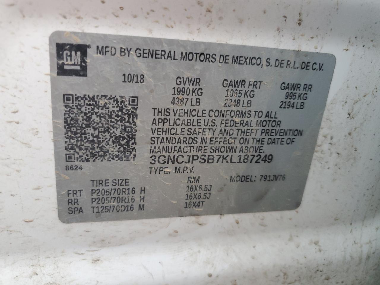 2019 Chevrolet Trax 1Lt VIN: 3GNCJPSB7KL187249 Lot: 91110825