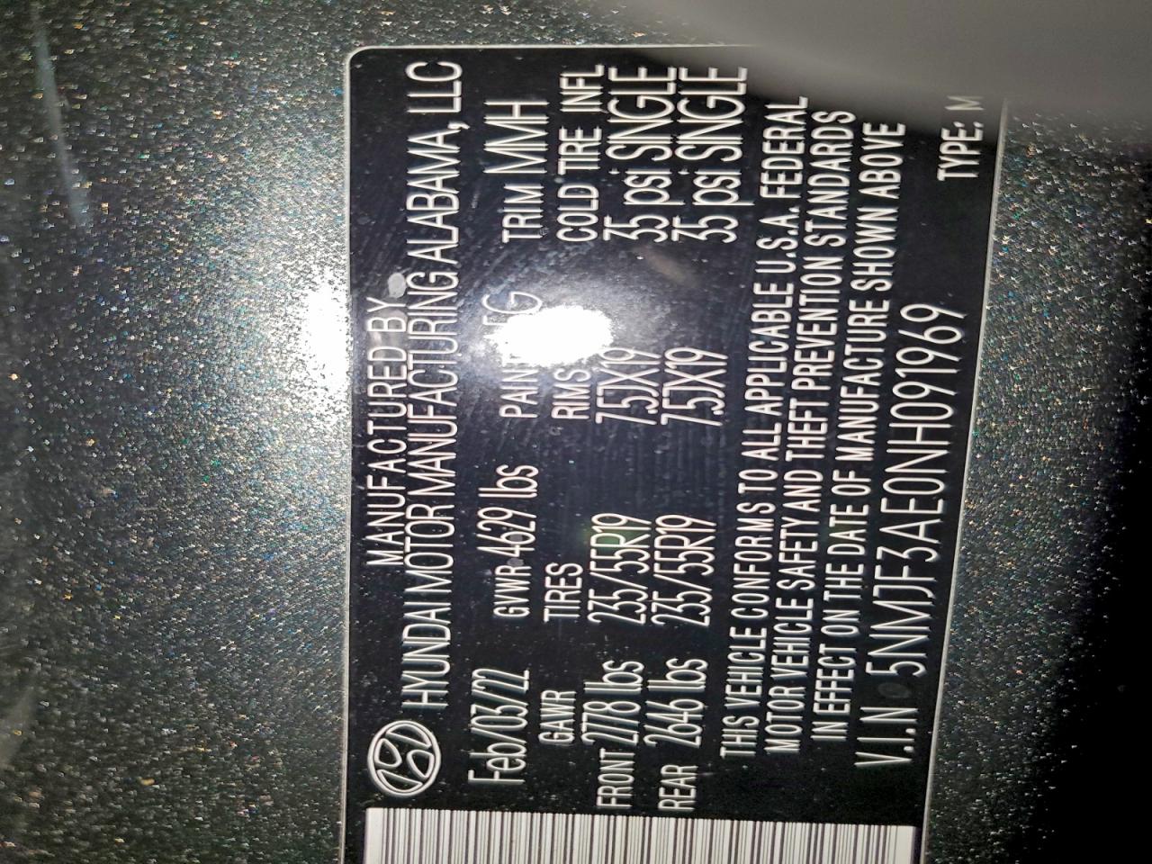 2022 Hyundai Tucson Sel VIN: 5NMJF3AE0NH091969 Lot: 94396925