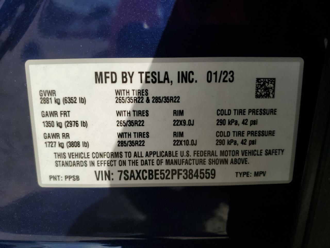 2023 Tesla Model X VIN: 7SAXCBE52PF384559 Lot: 91859835