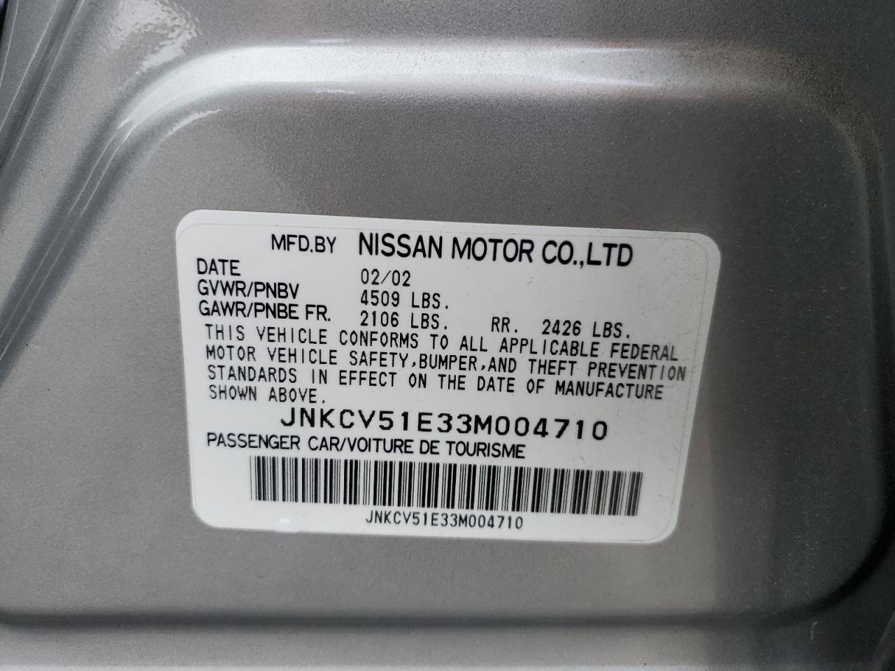 2003 Infiniti G35 VIN: JNKCV51E33M004710 Lot: 92945805