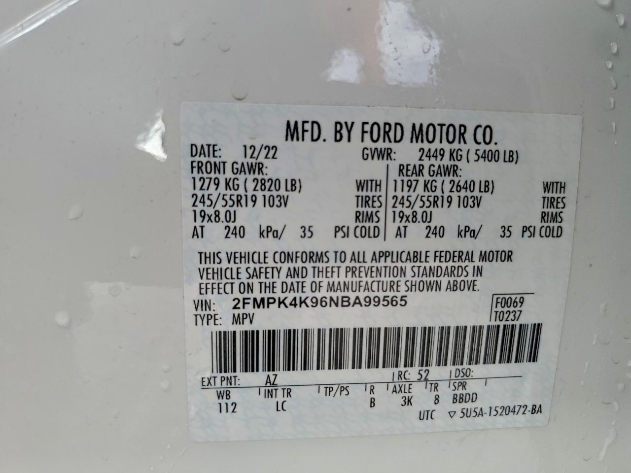 2022 Ford Edge Titanium VIN: 2FMPK4K96NBA99565 Lot: 94055615