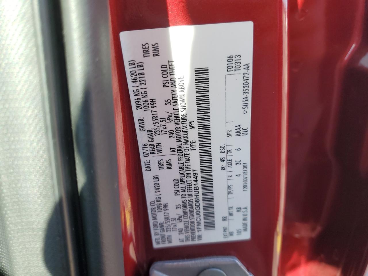 2017 Ford Escape Se VIN: 1FMCU0GD8HUB14497 Lot: 93377955