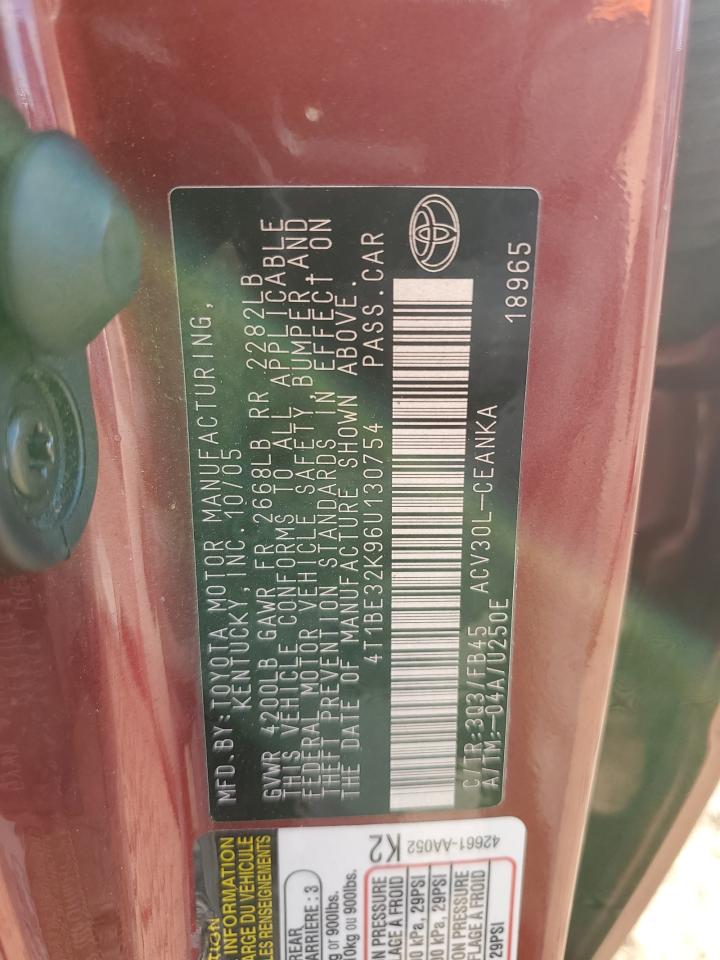 2006 Toyota Camry Le VIN: 4T1BE32K96U130754 Lot: 93868735