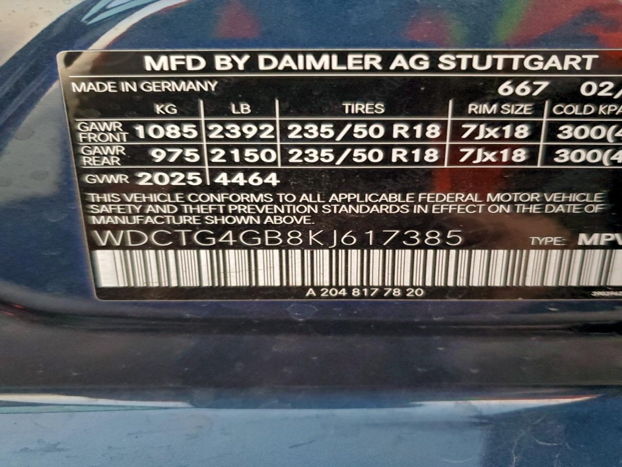 2019 Mercedes-Benz Gla 250 4Matic VIN: WDCTG4GB8KJ617385 Lot: 95012405