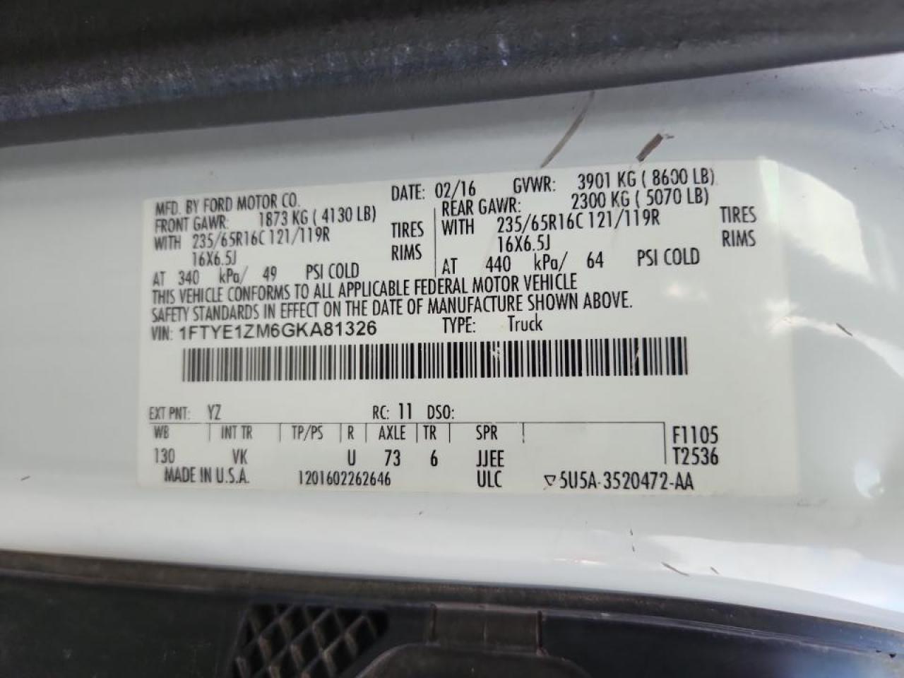 2016 Ford Transit T-150 Utility / Service Van VIN: 1FTYE1ZM6GKA81326 Lot: 92194185