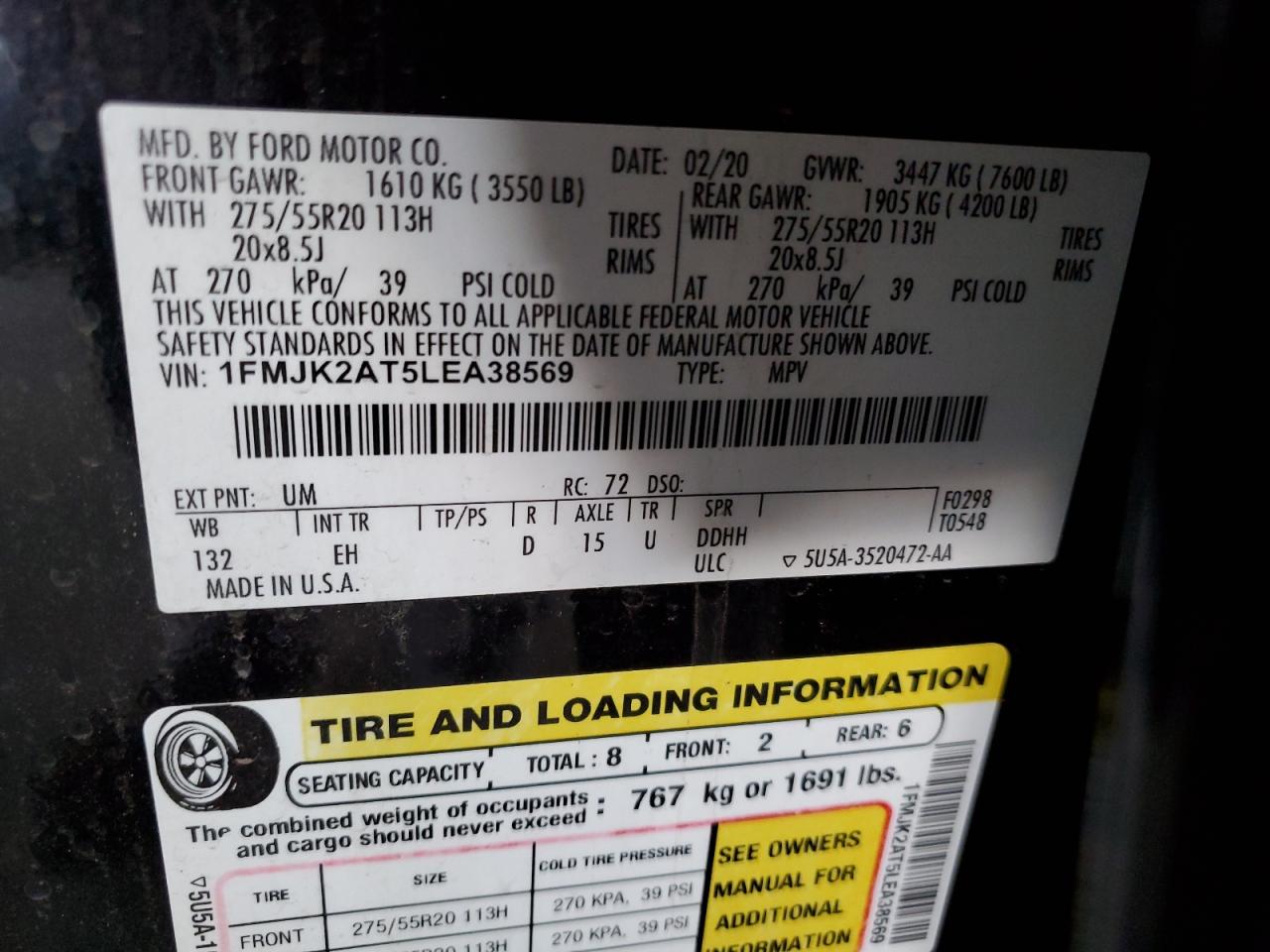 2020 Ford Expedition Max Limited VIN: 1FMJK2AT5LEA38569 Lot: 91940095