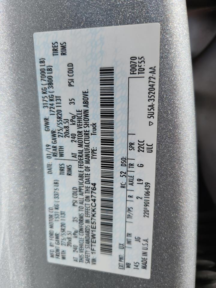 2019 Ford F150 Supercrew VIN: 1FTEW1E57KKC47764 Lot: 90980245