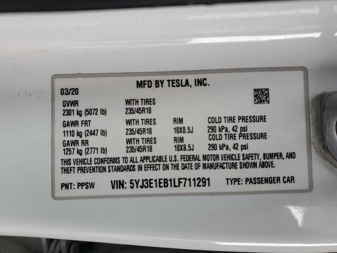 2020 Tesla Model 3 VIN: 5YJ3E1EB1LF711291 Lot: 92129575