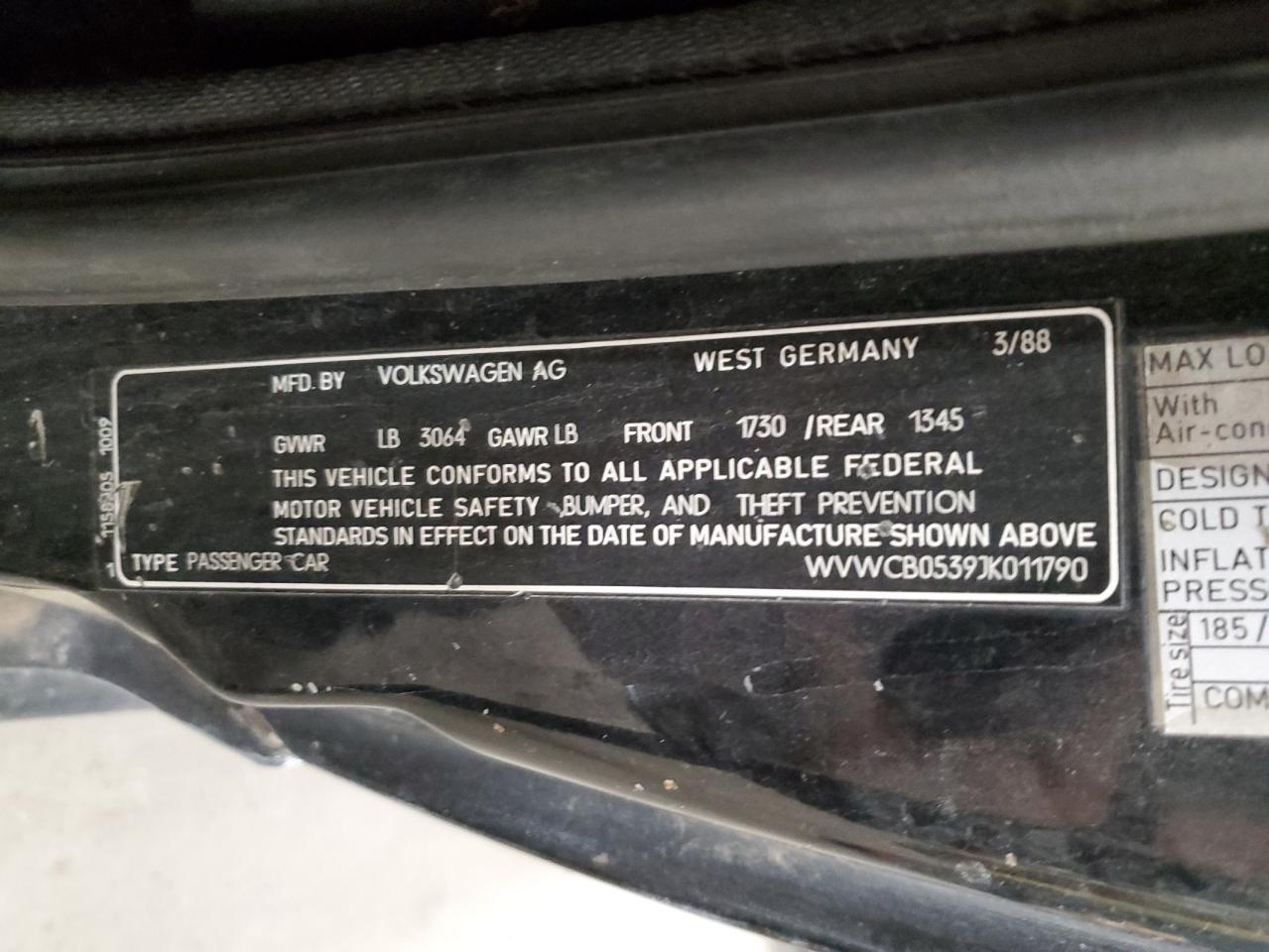 1988 Volkswagen Scirocco VIN: WVWCB0539JK011790 Lot: 91858395