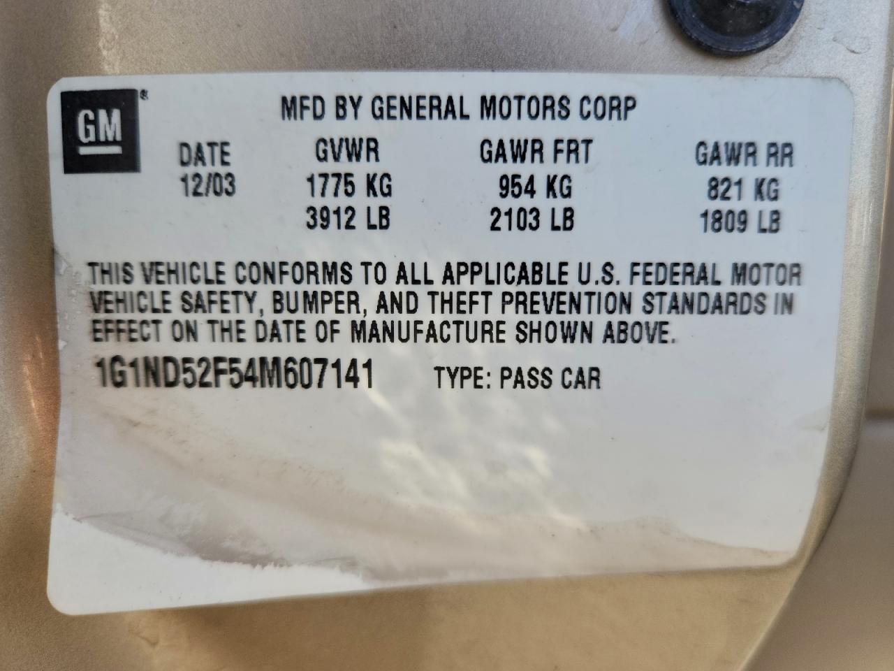 2004 Chevrolet Classic VIN: 1G1ND52F54M607141 Lot: 93737765