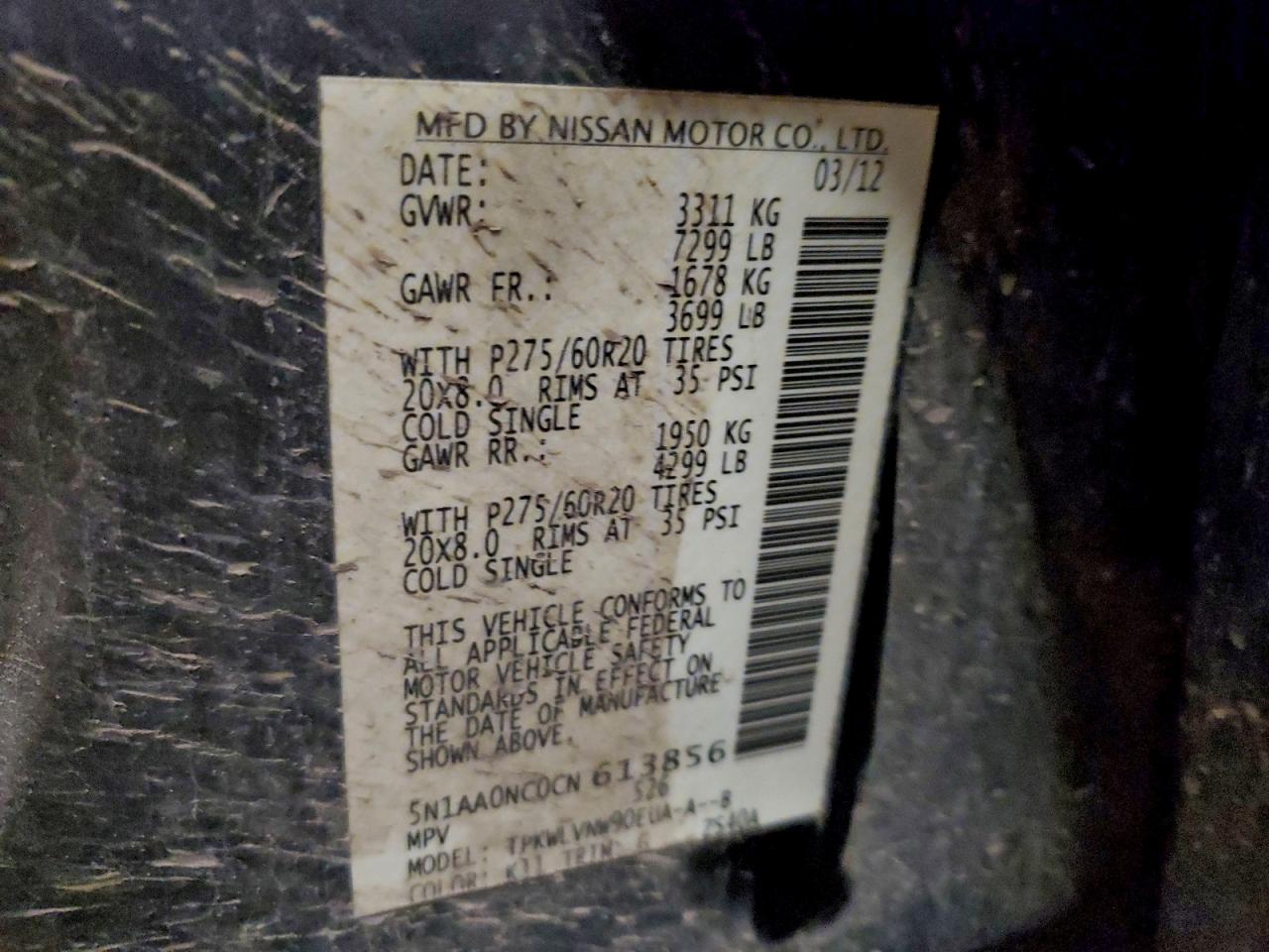 2012 Nissan Armada Sv VIN: 5N1AA0NC0CN613856 Lot: 92696635