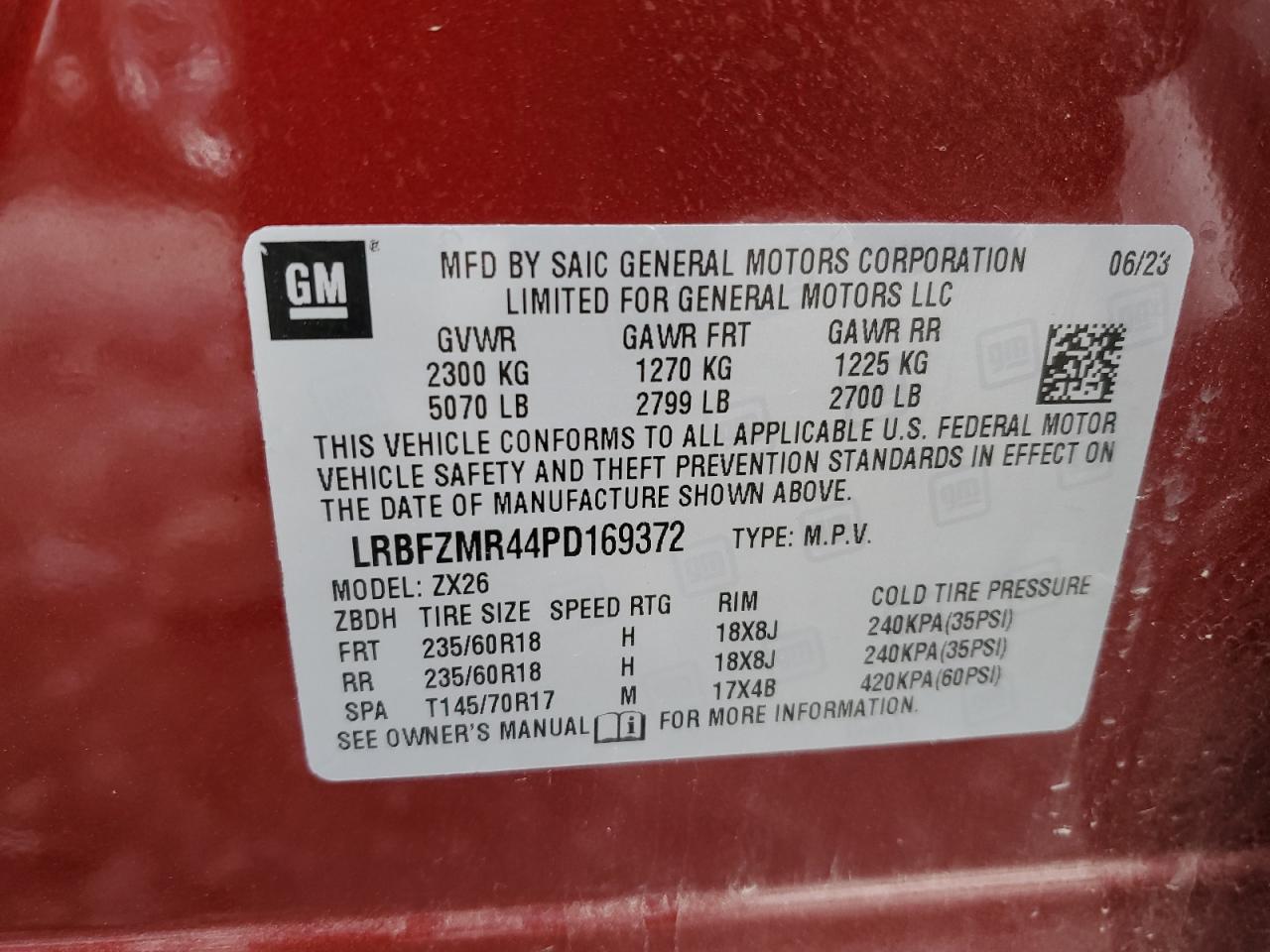 2023 Buick Envision Preferred VIN: LRBFZMR44PD169372 Lot: 92426055