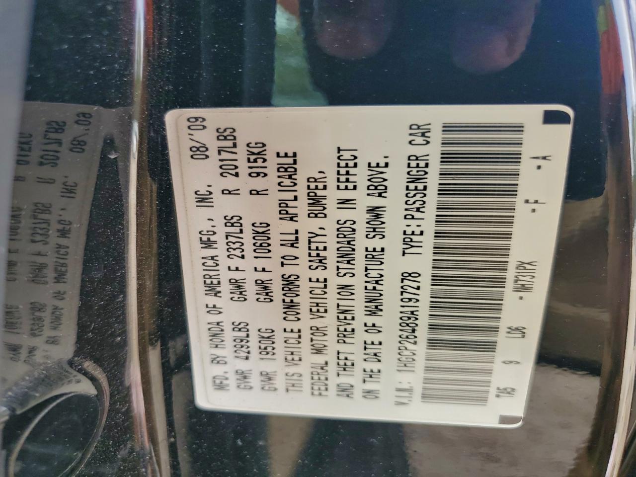 2009 Honda Accord Lxp VIN: 1HGCP26489A197278 Lot: 94358815