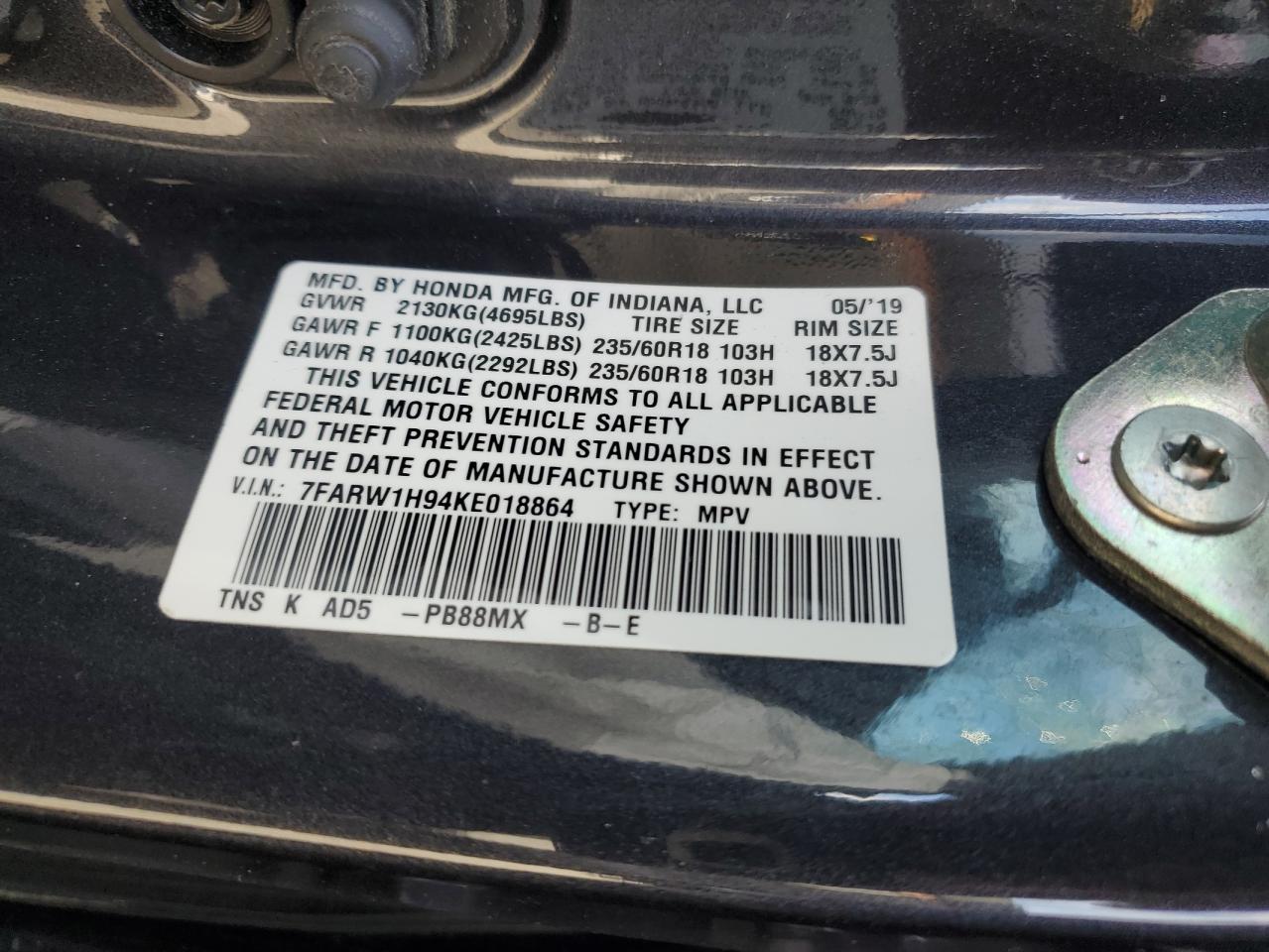 2019 Honda Cr-V Touring VIN: 7FARW1H94KE018864 Lot: 93495705