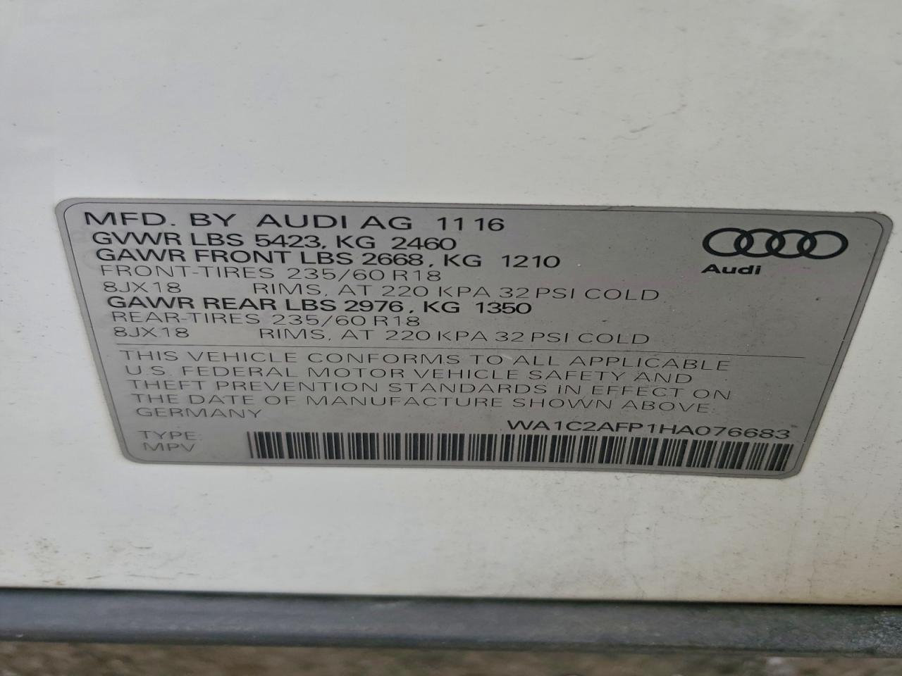 2017 Audi Q5 Premium VIN: WA1C2AFP1HA076683 Lot: 93831085