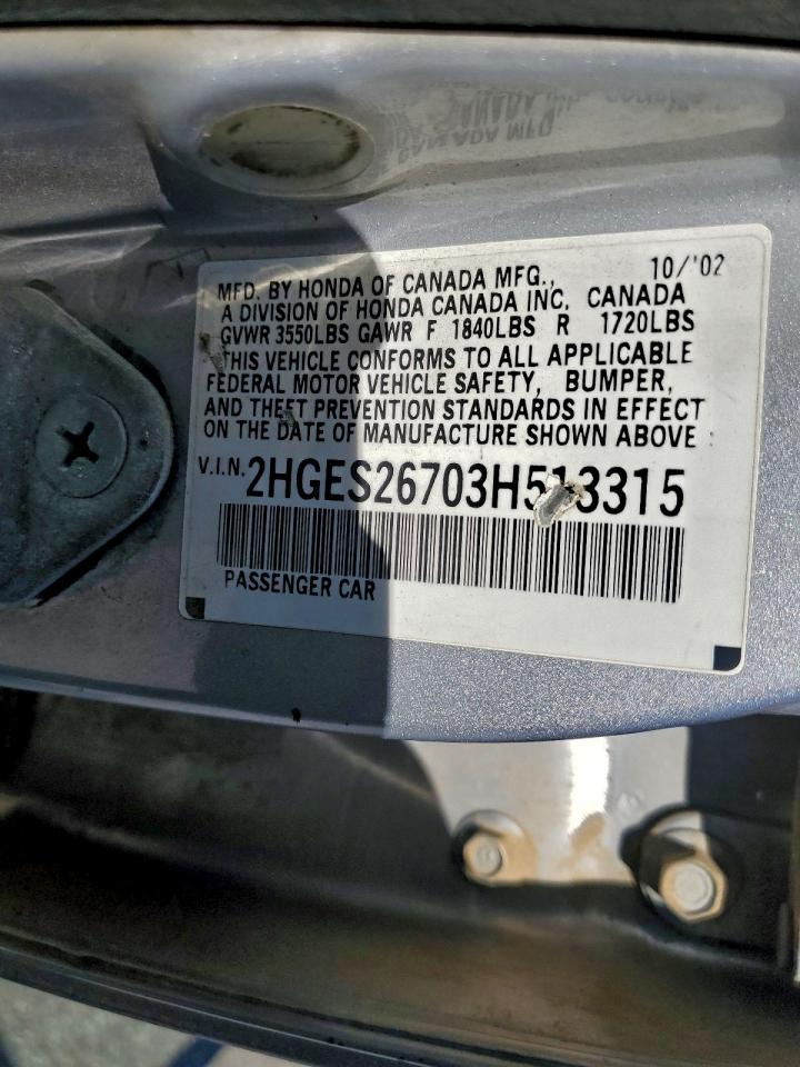2003 Honda Civic Ex VIN: 2HGES26703H513315 Lot: 93897785