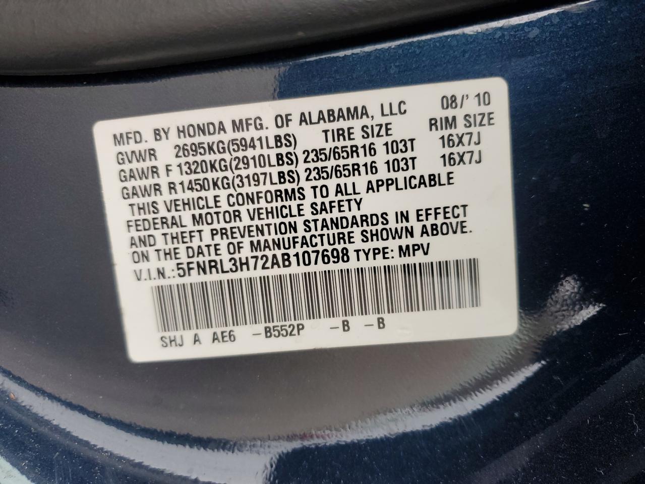 2010 Honda Odyssey Exl VIN: 5FNRL3H72AB107698 Lot: 91346015