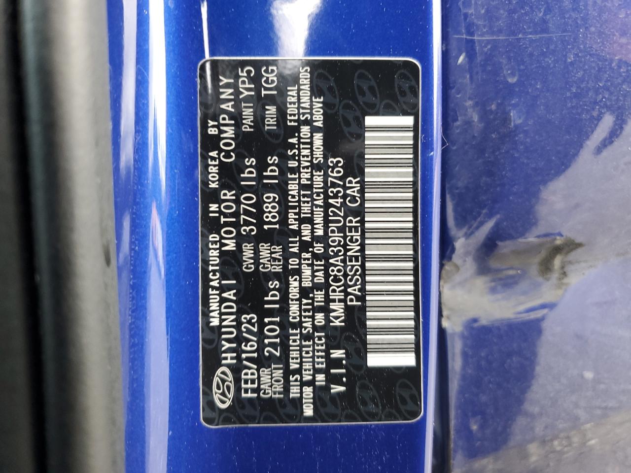 2023 Hyundai Venue Sel VIN: KMHRC8A39PU243763 Lot: 92054025