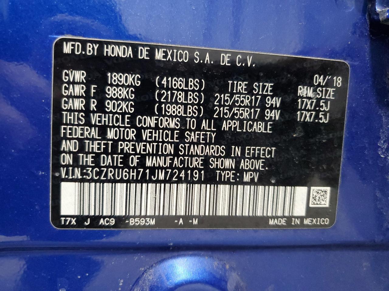 2018 Honda Hr-V Exl VIN: 3CZRU6H71JM724191 Lot: 93174345