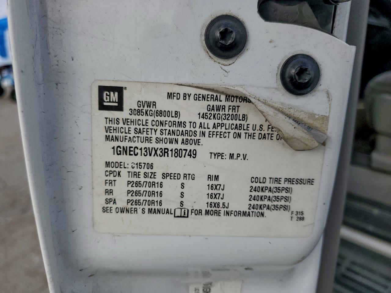 2003 Chevrolet Tahoe C1500 VIN: 1GNEC13VX3R180749 Lot: 94700345