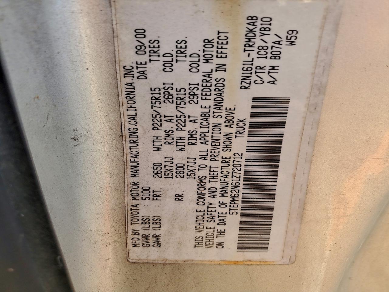 2001 Toyota Tacoma VIN: 5TEPM62N61Z720712 Lot: 93845555