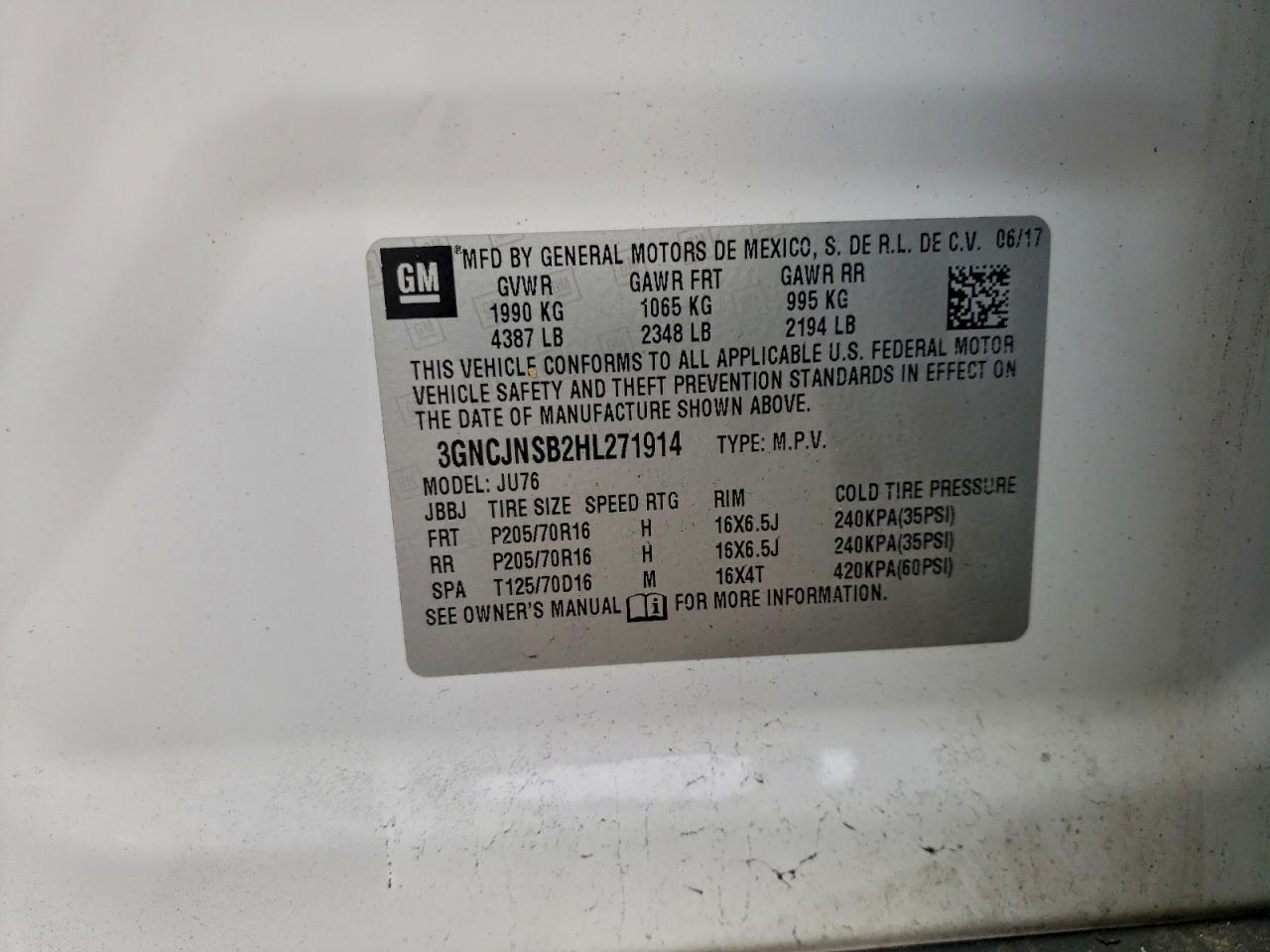 2021 Chevrolet Trax Ls VIN: 3GNCJNSB2HL271914 Lot: 94131915