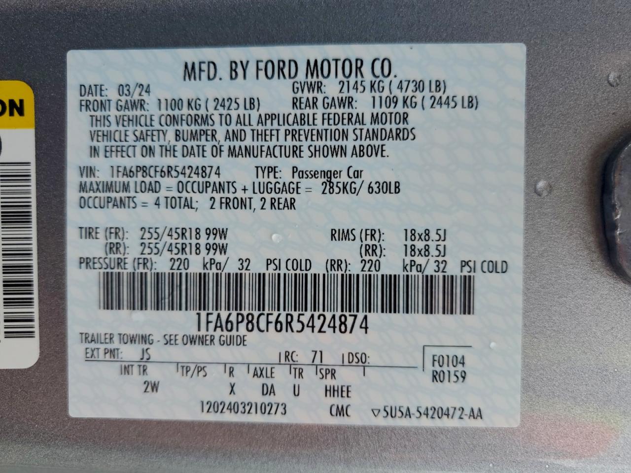 2024 Ford Mustang Gt VIN: 1FA6P8CF6R5424874 Lot: 93561815