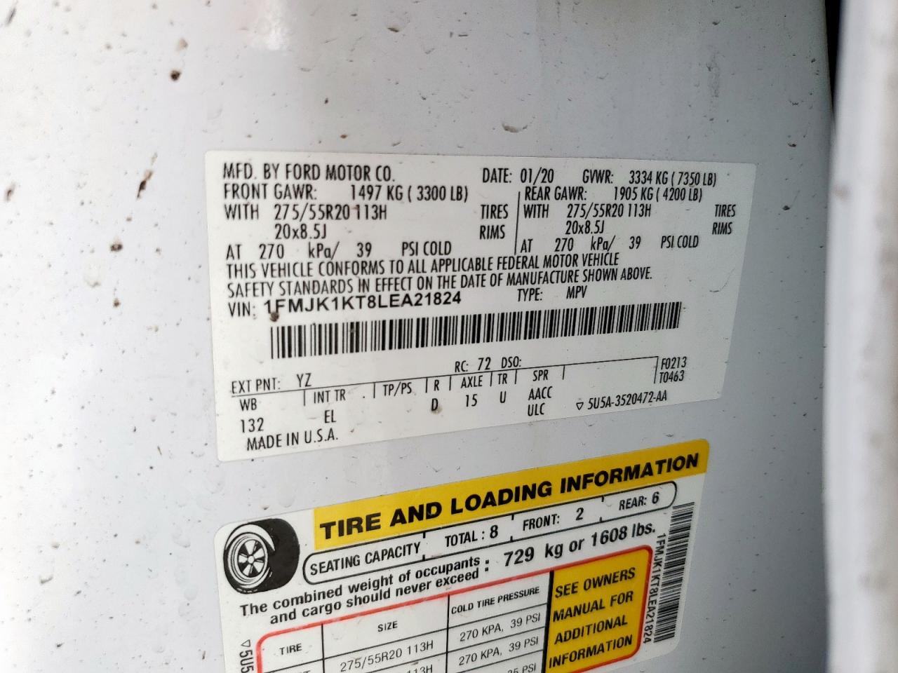 2020 Ford Expedition Max Limited VIN: 1FMJK1KT8LEA21824 Lot: 93349735