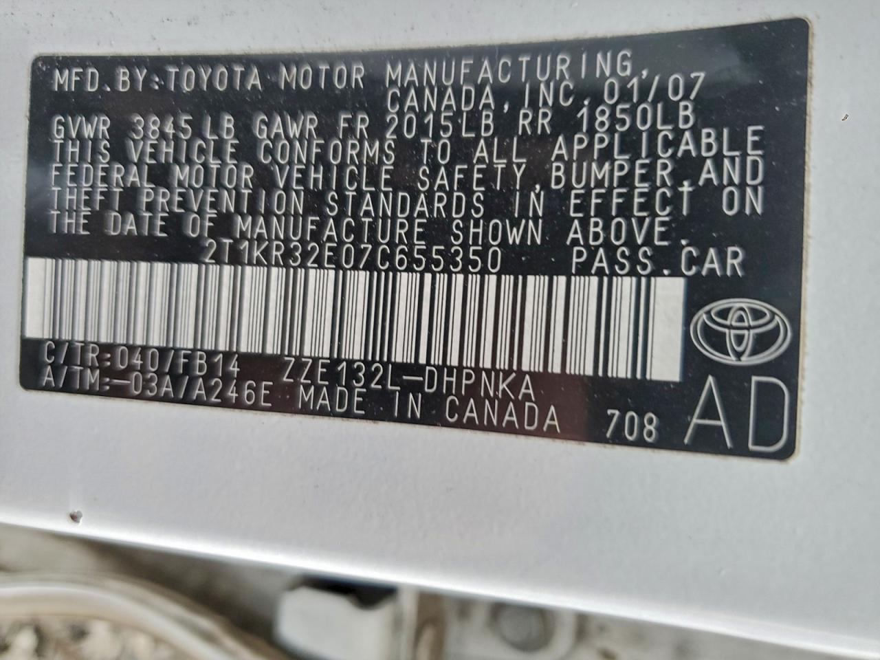 2007 Toyota Corolla Matrix Xr VIN: 2T1KR32E07C655350 Lot: 93091065