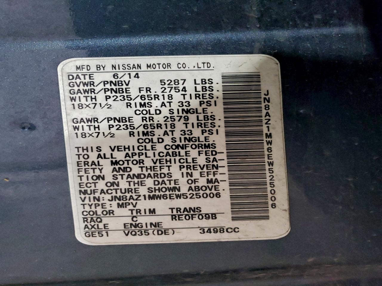 2014 Nissan Murano S VIN: JN8AZ1MW6EW525006 Lot: 93955975