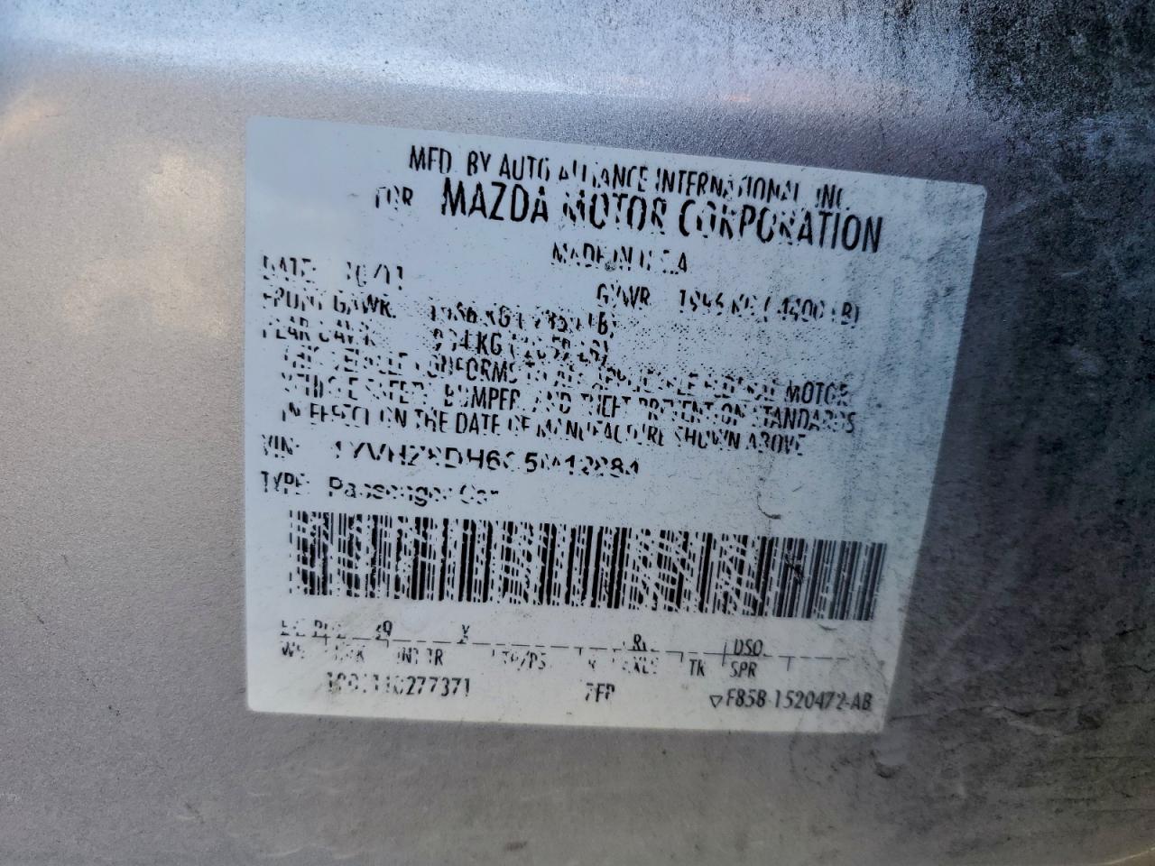 2012 Mazda 6 I VIN: 1YVHZ8DH6C5M12884 Lot: 93381055