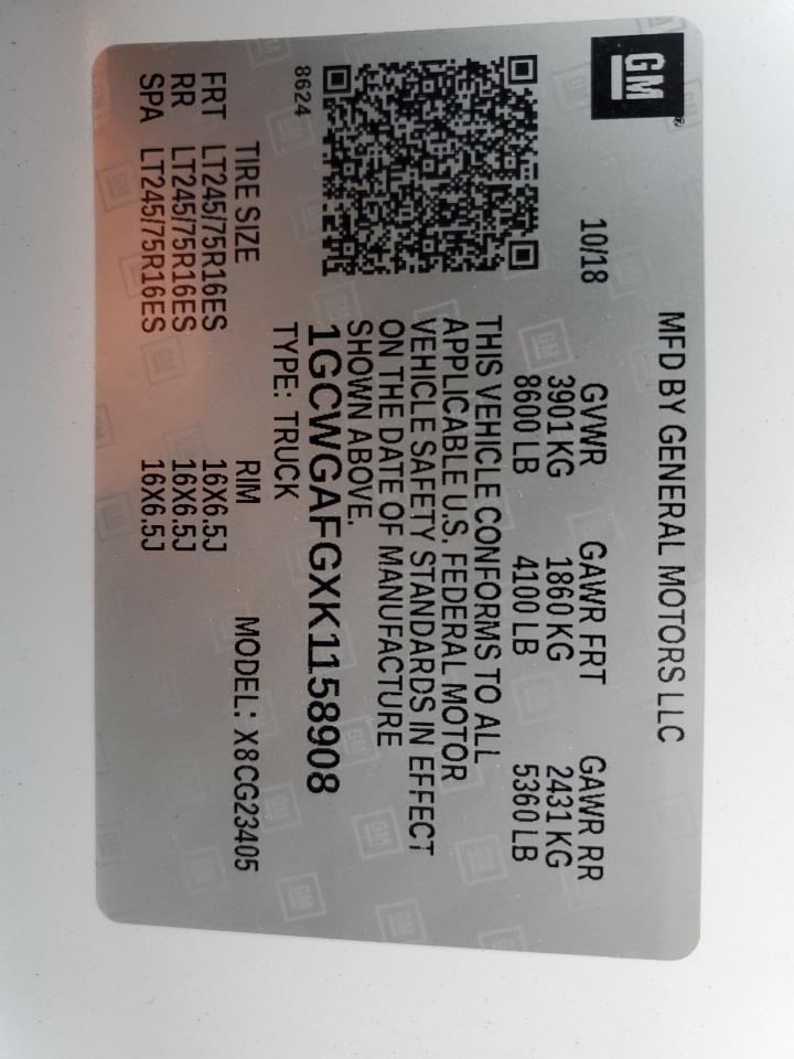 2019 Chevrolet Express G2500 VIN: 1GCWGAFGXK1158908 Lot: 92242485