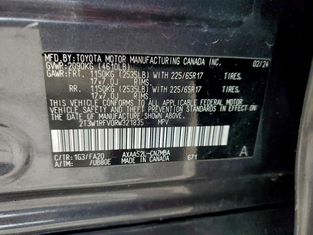 2024 Toyota Rav4 Xle VIN: 2T3W1RFV0RW321835 Lot: 94046185