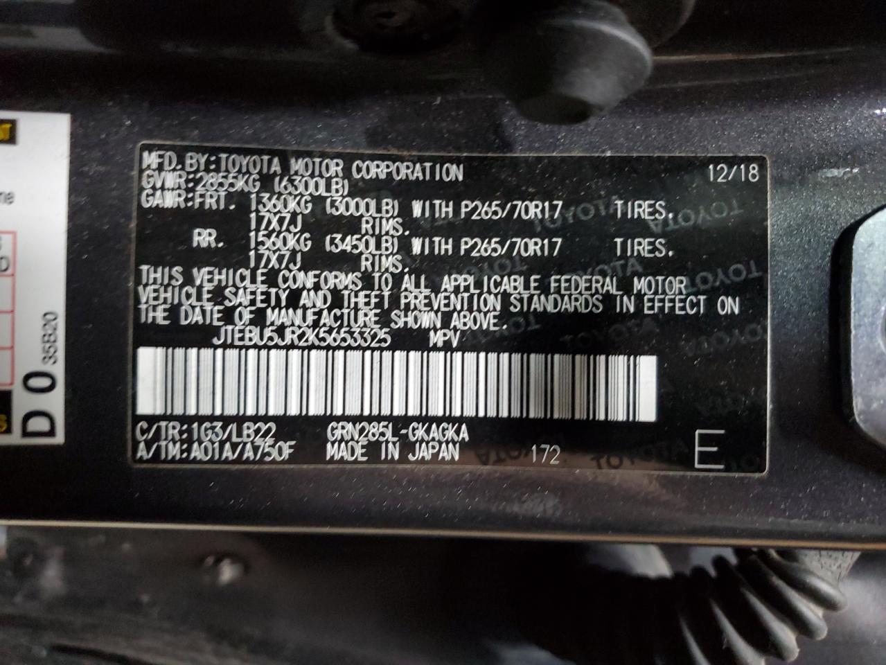 2019 Toyota 4Runner Sr5/Sr5 Premium VIN: JTEBU5JR2K5653325 Lot: 93867895