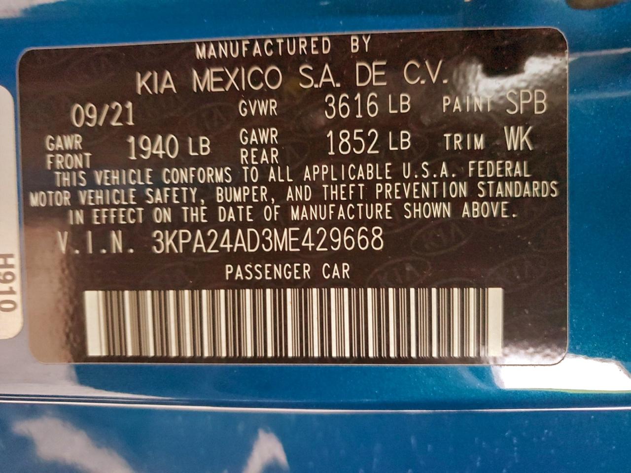 2021 Kia Rio Lx VIN: 3KPA24AD3ME429668 Lot: 94240445