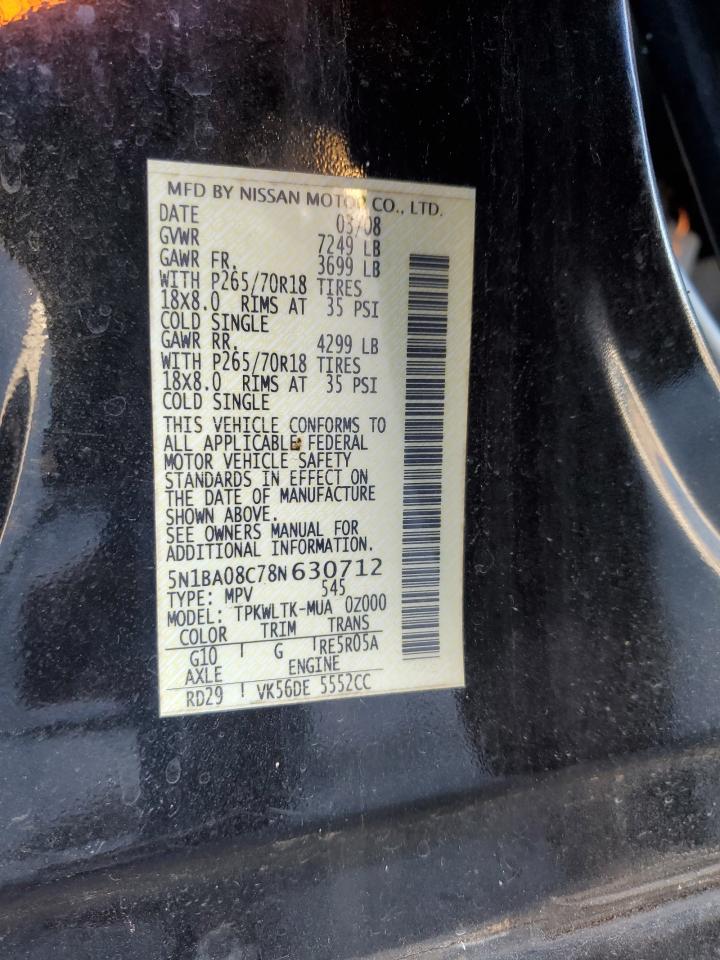 2008 Nissan Armada Se VIN: 5N1BA08C78N630712 Lot: 92492545
