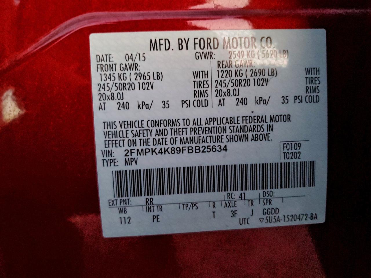 2015 Ford Edge Titanium VIN: 2FMPK4K89FBB25634 Lot: 94363835