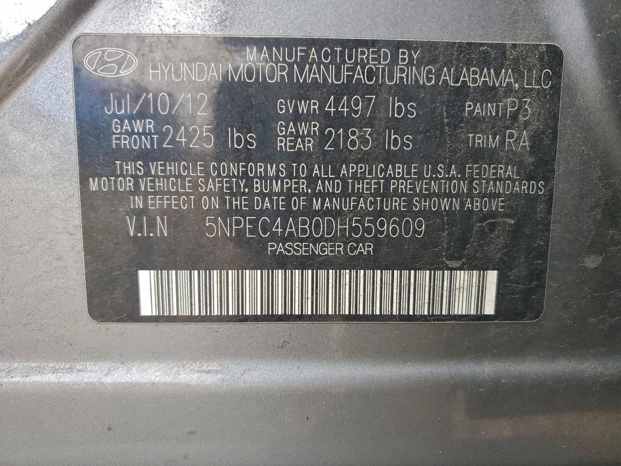 2013 Hyundai Sonata Se VIN: 5NPEC4AB0DH559609 Lot: 94592675