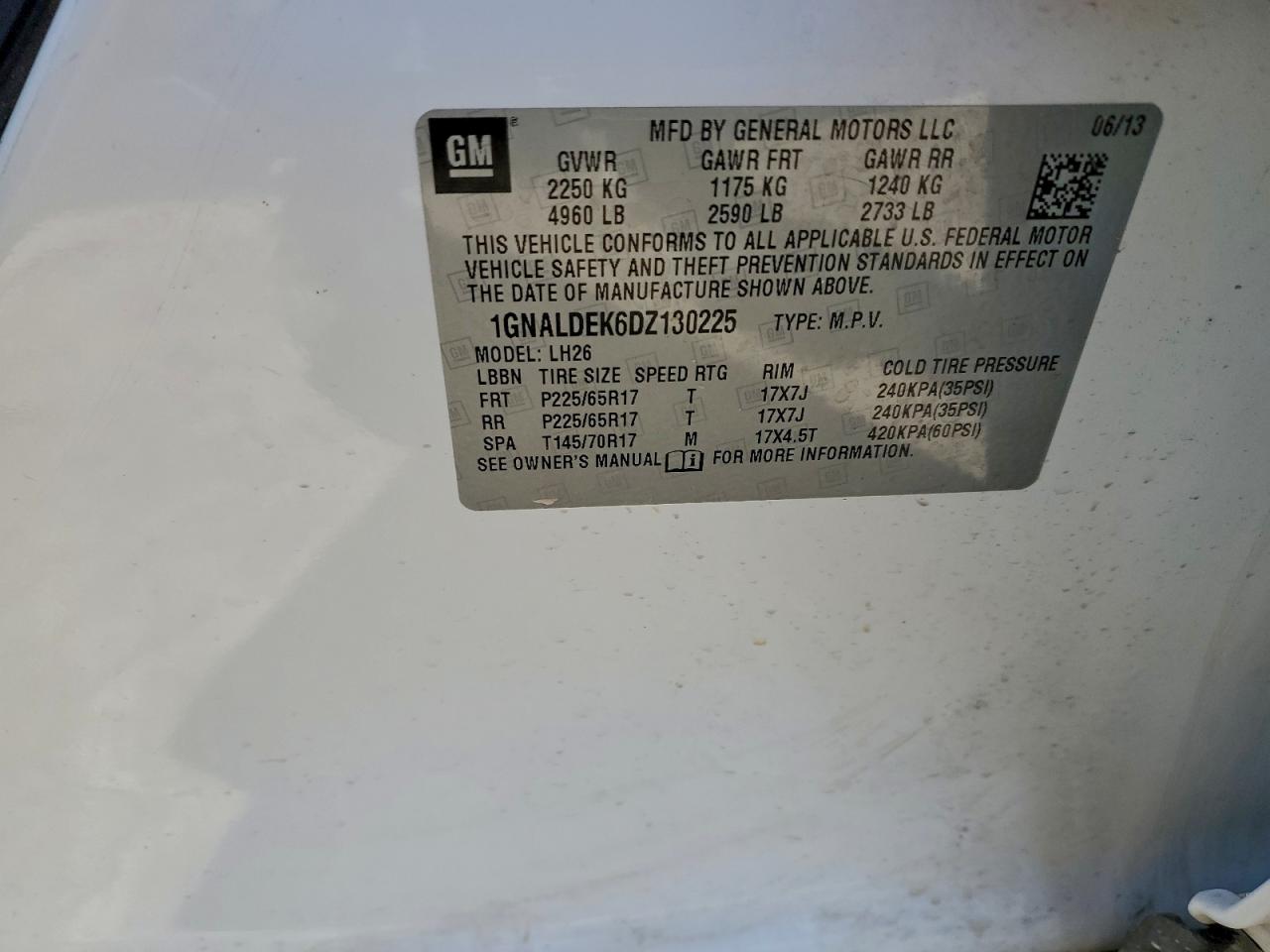 2013 Chevrolet Equinox Lt VIN: 1GNALDEK6DZ130225 Lot: 94546895