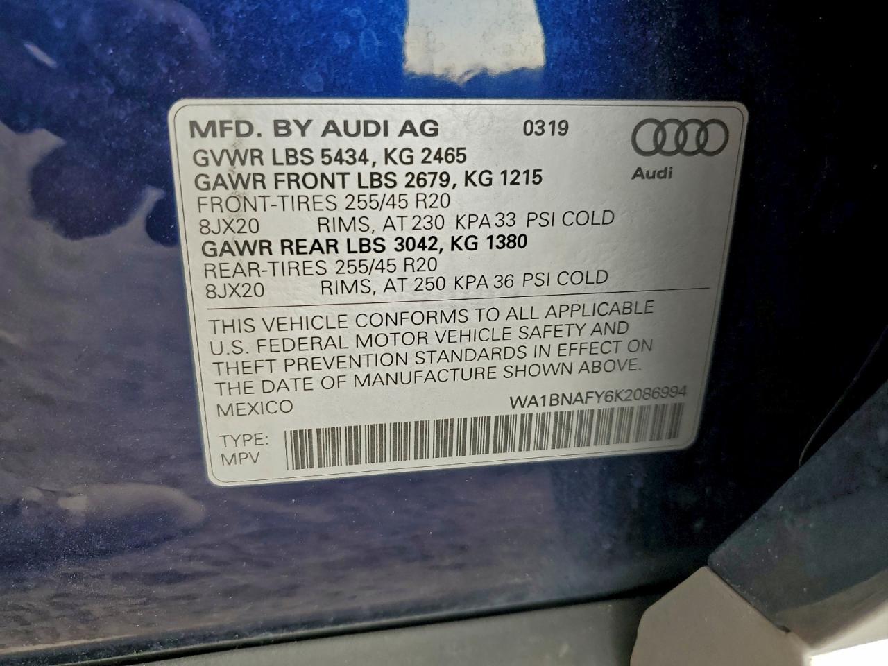 2019 Audi Q5 Premium Plus VIN: WA1BNAFY6K2086994 Lot: 94078995
