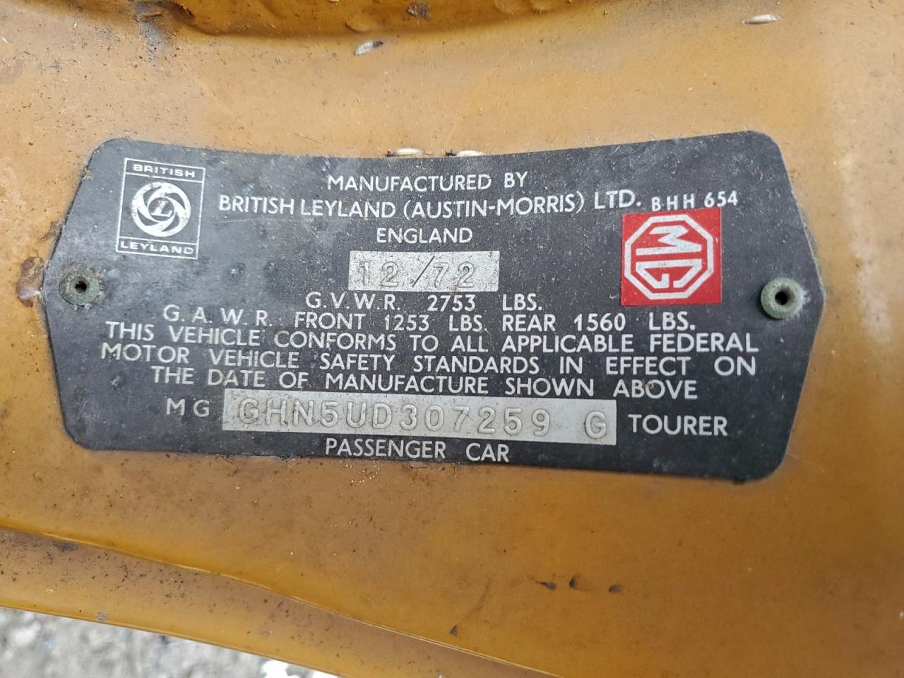 1973 Mg Mgb VIN: GHN5UD307259G Lot: 93780115