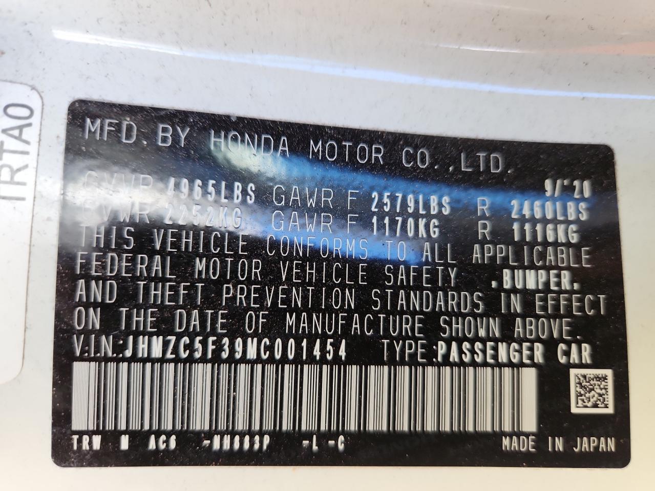 2021 Honda Clarity Touring VIN: JHMZC5F39MC001454 Lot: 93229435