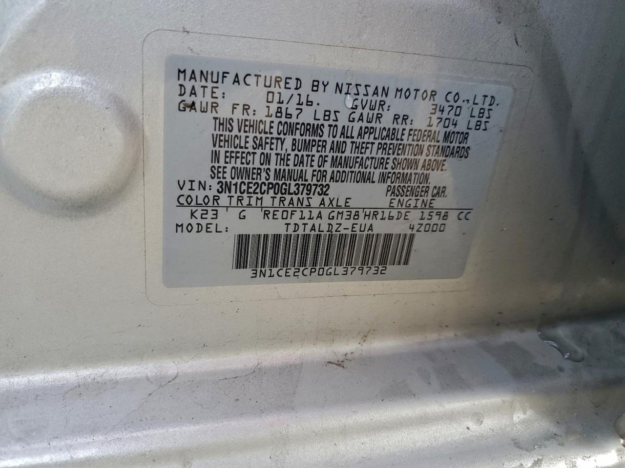 2016 Nissan Versa Note S VIN: 3N1CE2CP0GL379732 Lot: 94056375