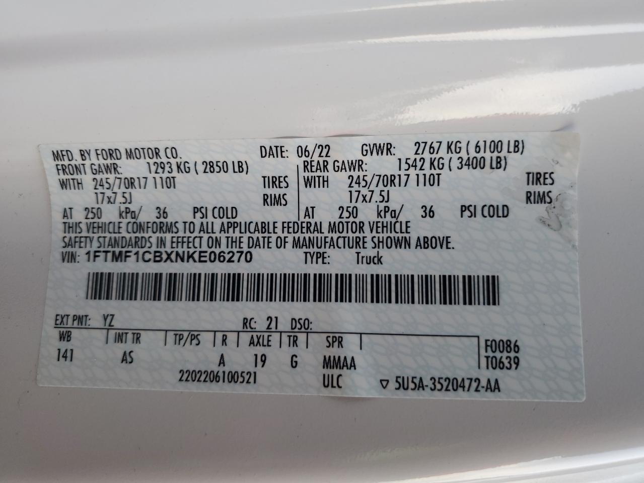 2022 Ford F150 VIN: 1FTMF1CBXNKE06270 Lot: 92390915